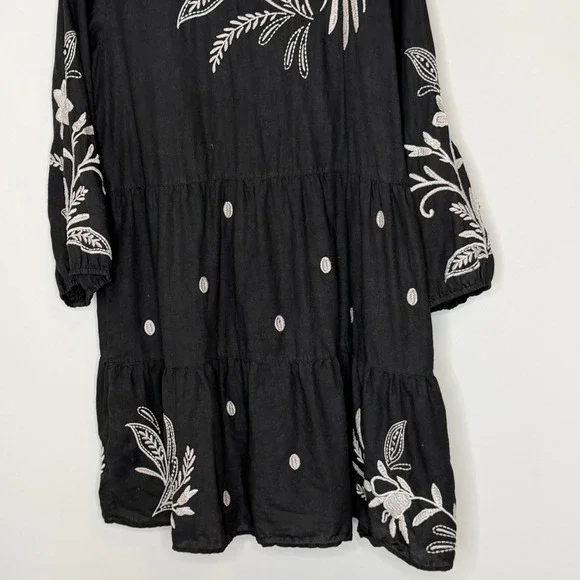 Johnny Was Black Linen Embroidered Frankie Tiered Field Dress Bird Boho Large - Picture 14 of 15